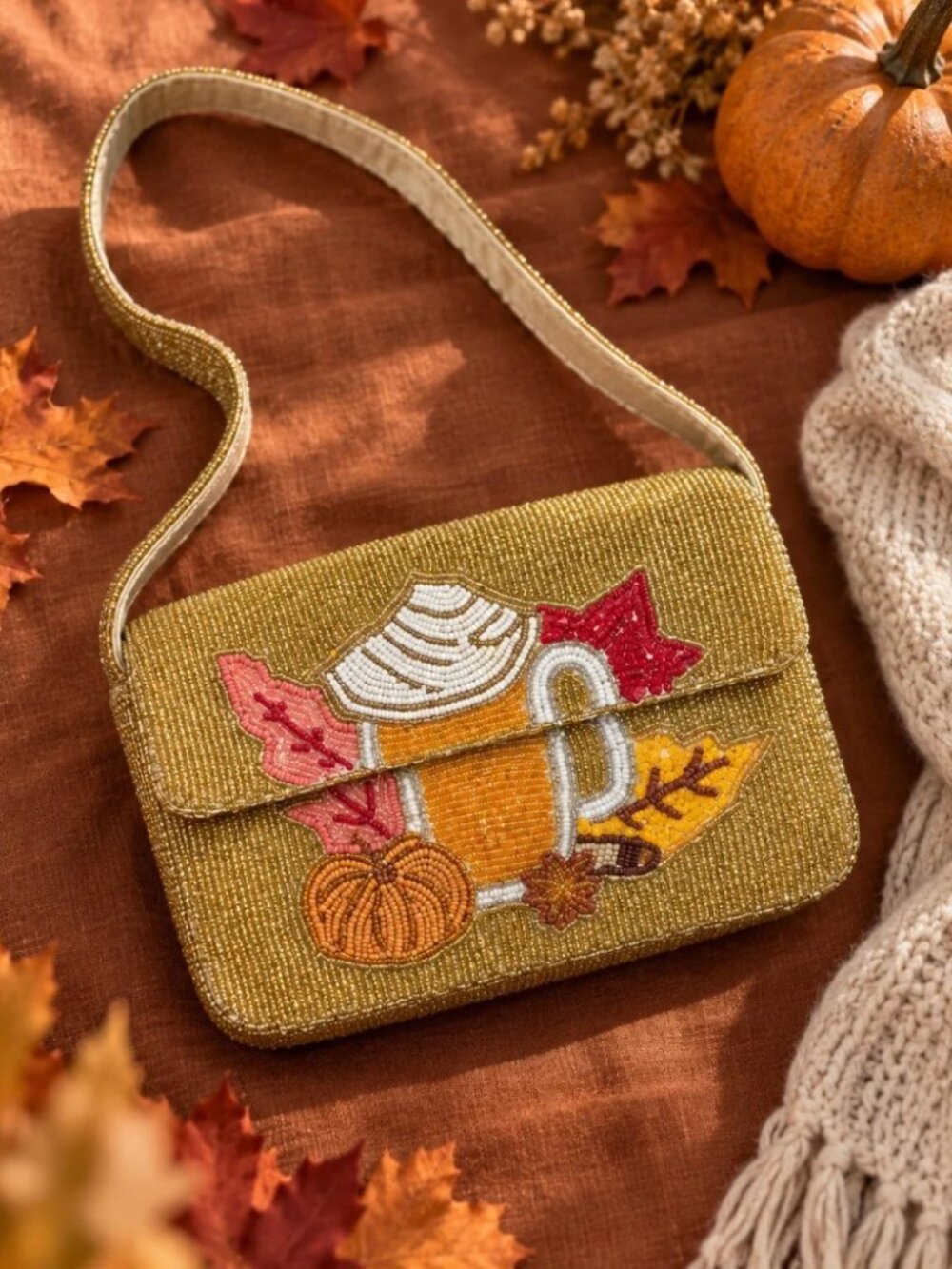 NWT Sol & Mer Beaded Pumpkin Spice Latte Fall Inspired Purse